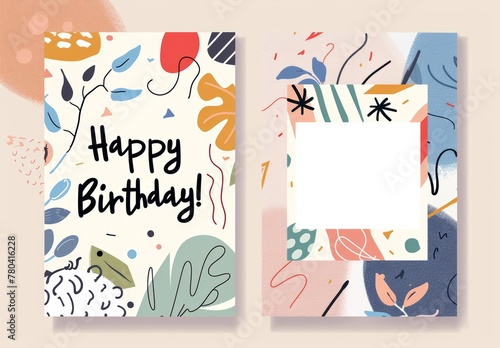 A two sides pages happy birthday cards in minimal cute design illustration, beige and colorful theme, for kids and children, AI Generated.
