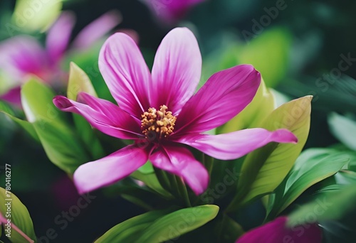 AI generated illustration of a vibrant pink flower surrounded by lush green foliage