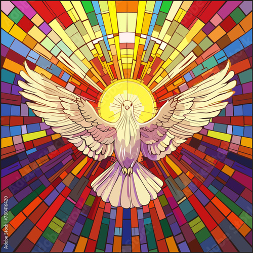 White dove on colorful stained glass illustration
