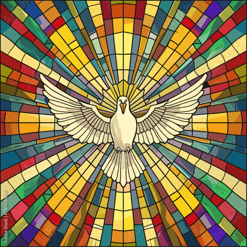 White dove on colorful stained glass in church