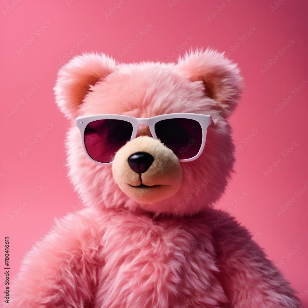 AI generated illustration of a pink teddy bear with white sunglasses AI generated illustration of a pink teddy bear with white sunglasses