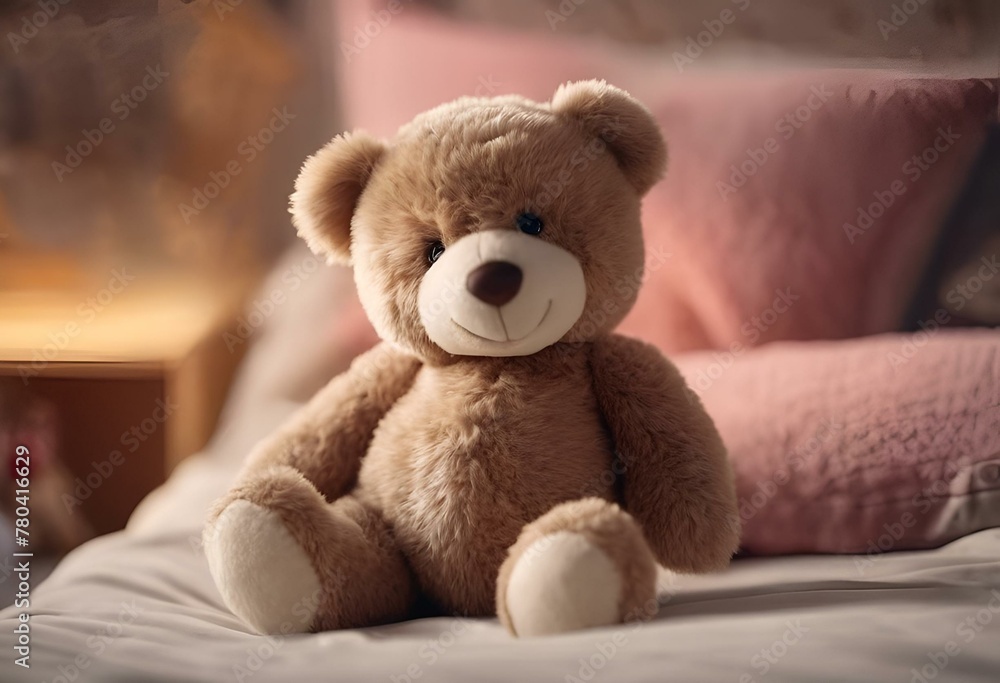 AI generated illustration of a small teddy bear sits on a bed next to pillows