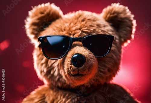 AI generated illustration of a brown bear wearing sunglasses on head