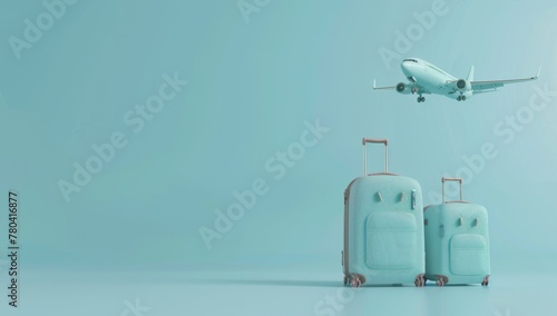 A blue suitcase with a pink and white airplane on top of it, 3D render of travel elements suitcase and hat, camera with map background, plane flying in the sky. photo