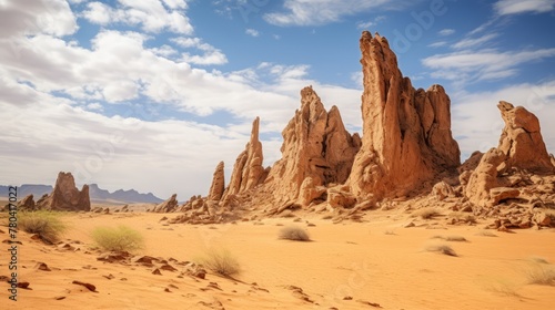 AI generated illustration of a rocky desert scenery with sparse grass in the distance