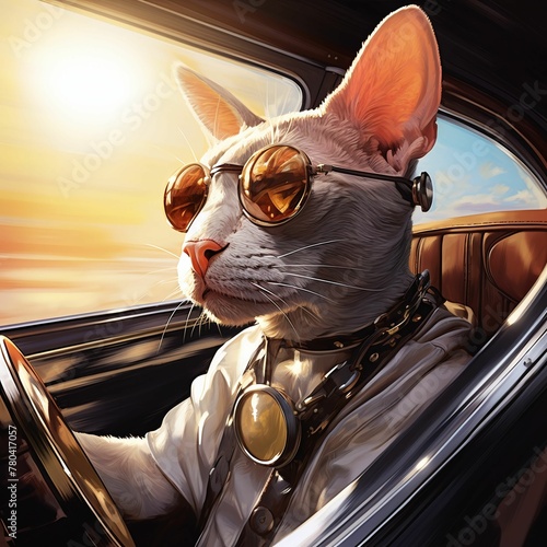 AI generated illustration of Cornish Rex cat as a race car driver © Wirestock