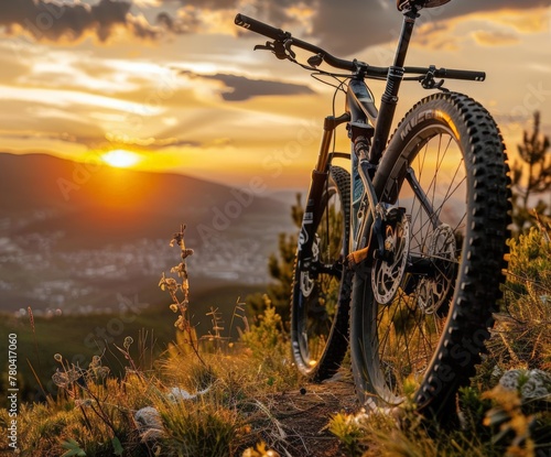 The silhouette of a mountain bike on the background of a mountain landscape.  Mountain biking, local tourism, outdoor activities. with a place for the text.