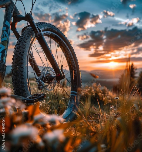 The silhouette of a mountain bike on the background of a mountain landscape.  Mountain biking, local tourism, outdoor activities. with a place for the text. © Olga