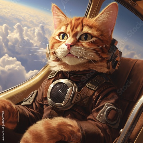 AI generated illustration of a ginger cat as a pilot, peering out from the cockpit of a glider