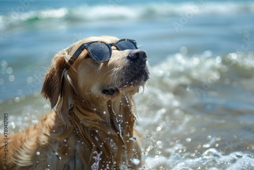 Golden retriever wearing sunglasses plays in the sea on a sunny day
