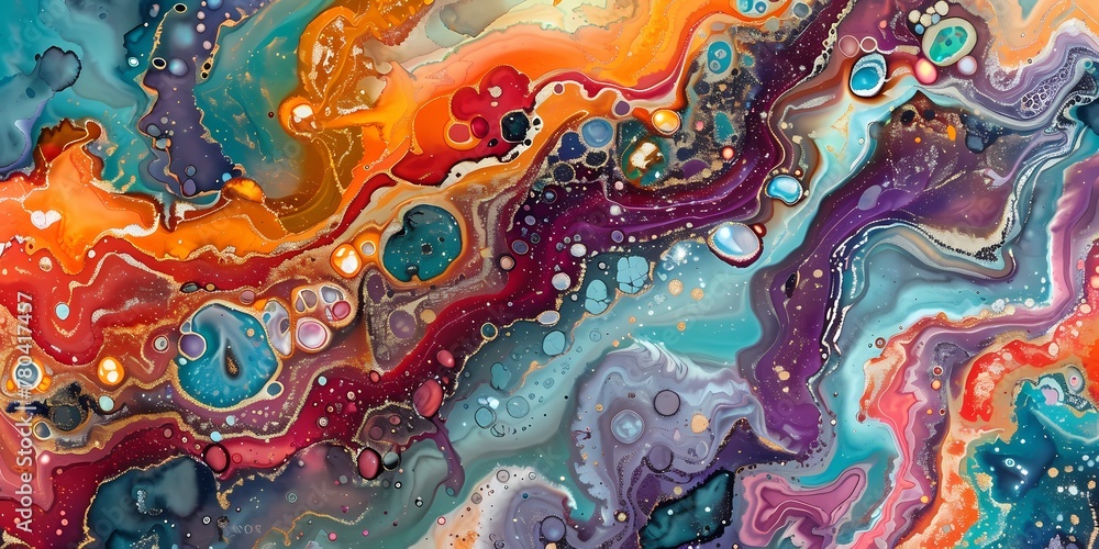 A symphony of shimmering glitters and bright hues unfolds, mesmerizing in this captivating marble ink abstract composition.
