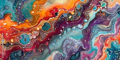 A symphony of shimmering glitters and bright hues unfolds  mesmerizing in this captivating marble ink abstract composition.