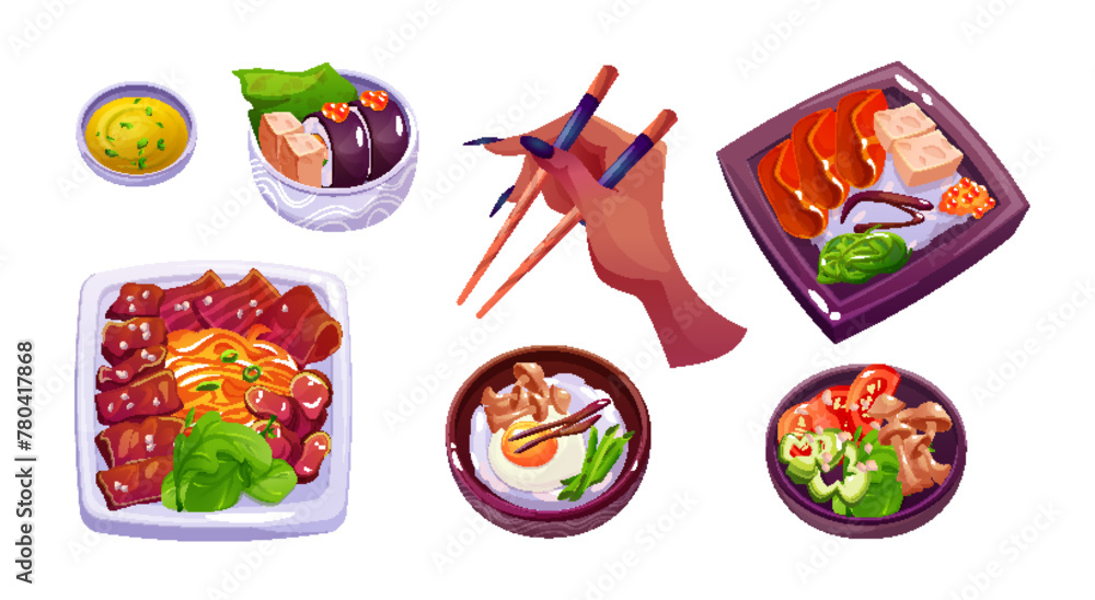 Fototapeta premium Traditional korean food cartoon collection. Plates and bowls with oriental meals for dinner and female hand with chopsticks. Vector set of popular Asian restaurant cuisine spicy delicious cooking.