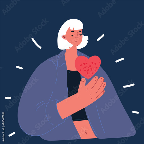 Cartoon vector illustration of woman giving red heart over dark background