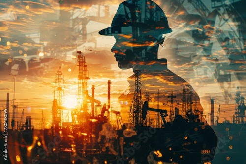Double exposure of an engineer wearing a helmet at an oil production plant, in the style of double exposure photography, front view, in a futuristic style