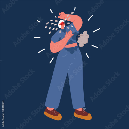 Cartoon vector illustration of woman resting after workout. Woman feeling exhausted after training session over dark background