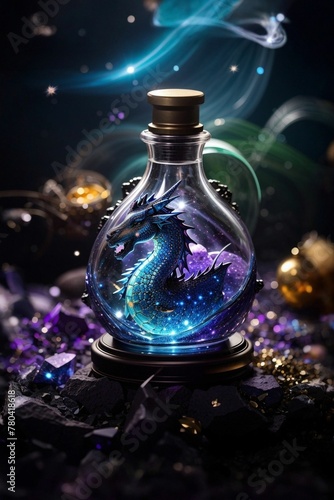 AI generated illustration of a glass bottle filled with blue liquid decorated with a dragon statue
