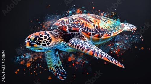 Watercolor illustration of big sea turtle on dark blue or black background. Hand painted illustration. World Turtle Day, turtle protection concept. Postcard, print for kids.