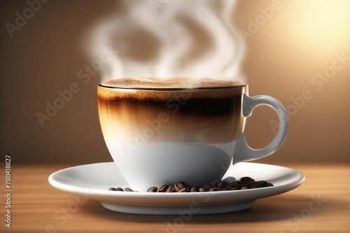 AI generated illustration of A classic white coffee mug with steam wafting out of it on a surface photo