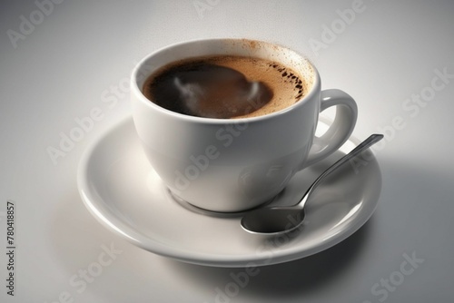 AI generated illustration of A classic white coffee mug with steam wafting out of it on a surface