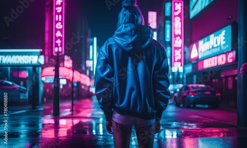 AI generated illustration of a person in a hooded jacket standing on the wet city street at night