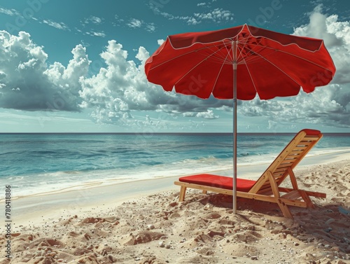 A beach umbrella stuck in the sand with an empty lounge chair next to it. realistic photo