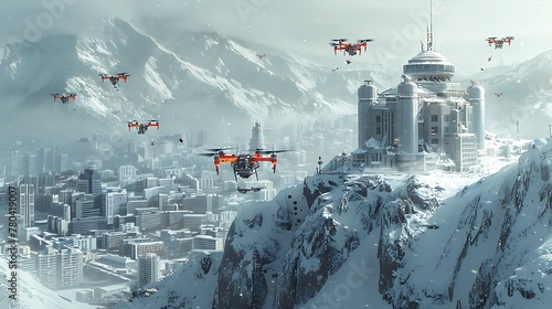 A group of drones carrying medical equipment flying over the city and hospital on winter season, in a concept art illustration