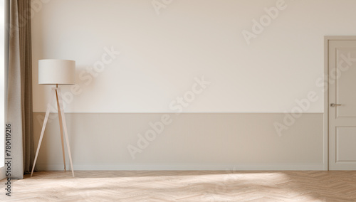 Beige and white interior wall mockup with floor lamp, Beige curtain, 3d illustration.