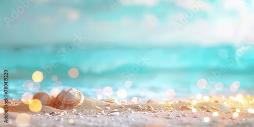 Blurred light blue background with sandy beach and bokeh, summer banner template for design, banner, product display