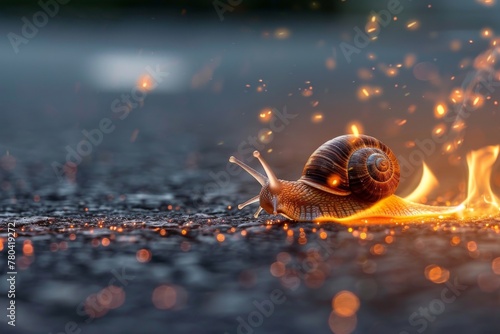 Snail speedster: photomanipulation with fiery tracks, racing like a car