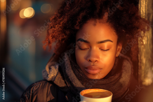 a woman is drinking coffee and smelling her ear while outdoors