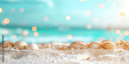 Blurred light blue background with sandy beach and bokeh, summer banner template for design, banner, product display