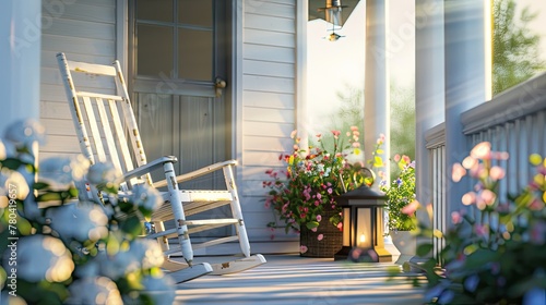 a new white porch bathed in golden sunlight, adorned with a solitary rocking chair and a gently swaying lantern, inviting viewers to pause and imagine the cozy comforts awaiting inside.