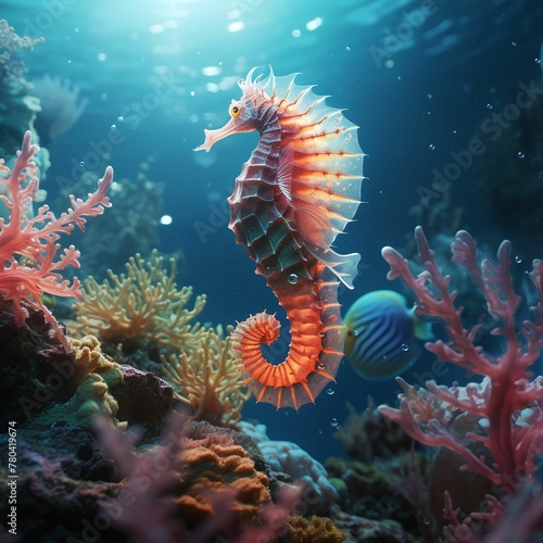 AI generated illustration of a seahorse swimming gracefully in a tropical underwater environment © Wirestock