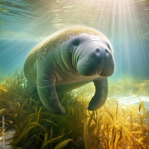 AI generated illustration of a manatee swimming in the ocean, surrounded by lush green seaweed