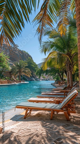 Sun lounger in a hotel near the pool, under the shade of palm trees in Oman.