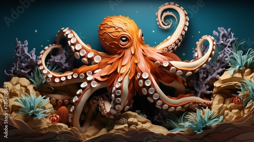AI generated illustration of a paper-quilling-style octopus swimming in a vibrant underwater scene © Wirestock