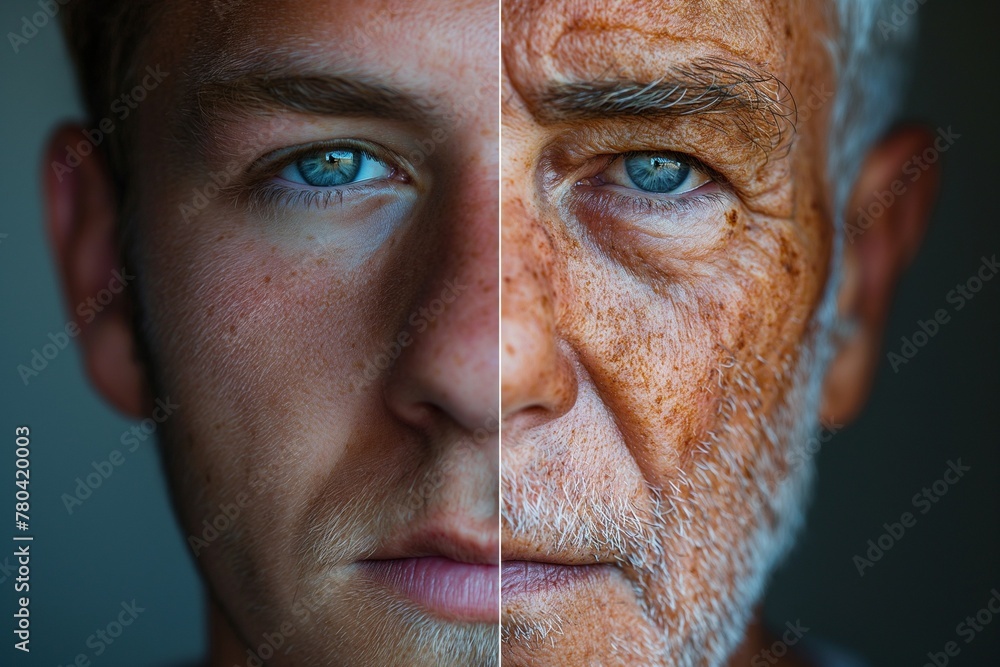 Obraz premium AI generated illustration of a man with white hair and a multi-colored face