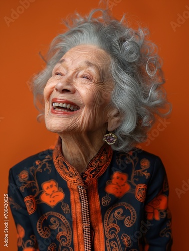AI generated illustration of an elderly woman with gray hair smiling and holding a cake photo