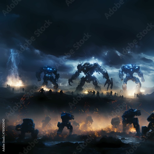 AI generated illustration of an array of futuristic robots illuminated in a dark field