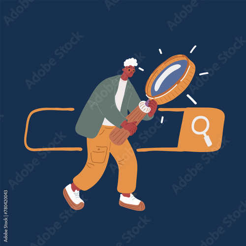 Cartoon vector illustration of man looking trough magnifying glass at searching bar over dark background