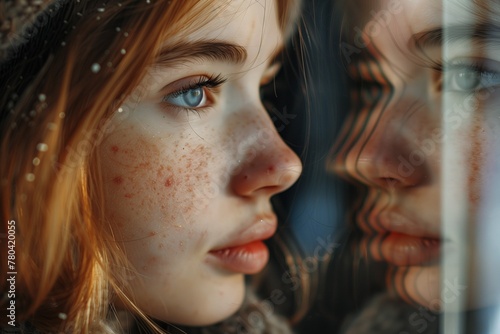 AI generated illustration of a freckled girl admiring herself in a mirror