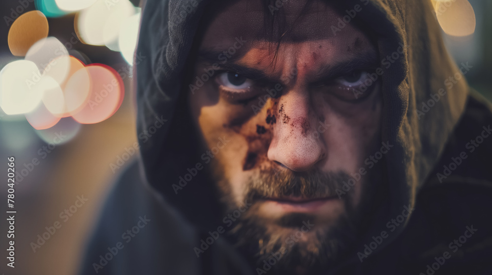 Man with intense eyes and a bruised face stares into the camera, with blurred lights in the background. Man with intense eyes and a bruised face stares into the camera, with blurred lights in the background.