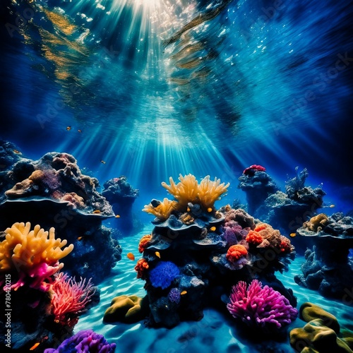 AI generated illustration of A picturesque underwater with vibrant colorful corals and fish