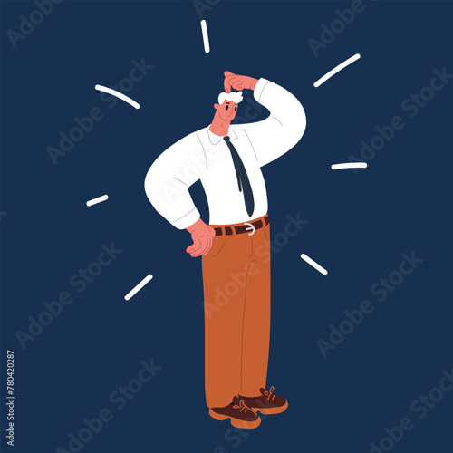 Cartoon vector illustration of Young man with white shirt having doubts and with confuse face expression while scratching head over dark background