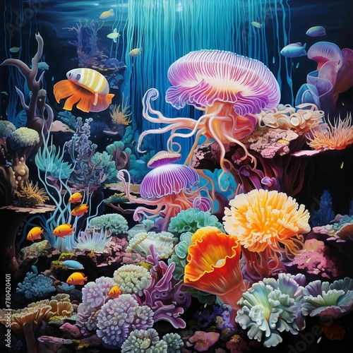 Underwater landscape showcasing a variety of vibrant and colorful marine plants, AI-generated.