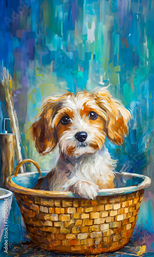oil paintng of cute dog in wicker basket,portrait of a puppy,animal concept,