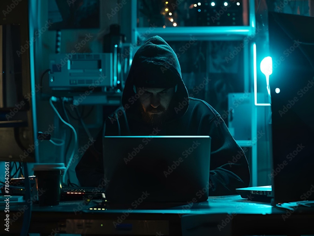 Hacker sitting in front of a laptop in a dark room Hacker sitting in front of a laptop in a dark room