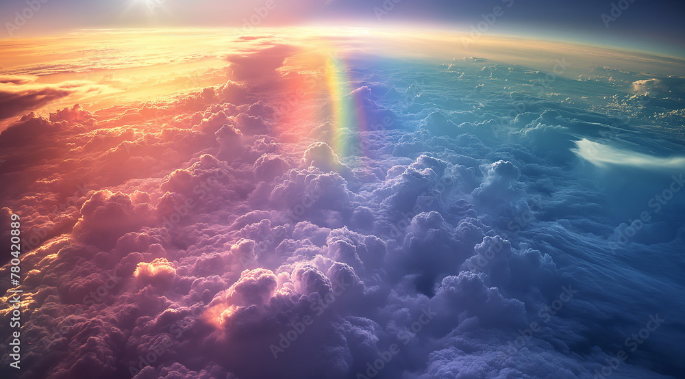 Sunset, rainbow in the sky, view from airplane window above clouds