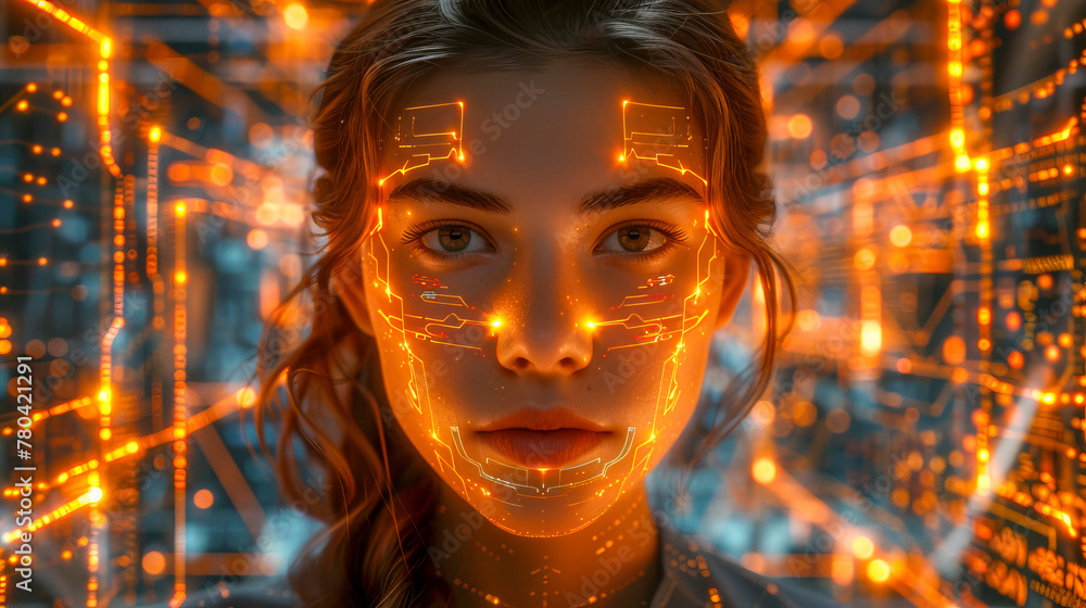 AI-generated illustration of human features seamlessly with digital circuits and LED lights AI-generated illustration of human features seamlessly with digital circuits and LED lights